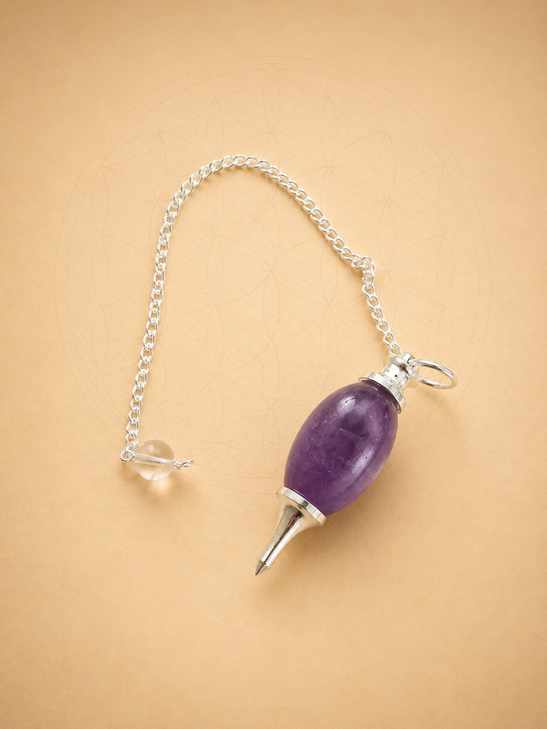 Amethyst Lingam crystal pendulum with silver-plated chain for dowsing and Reiki
