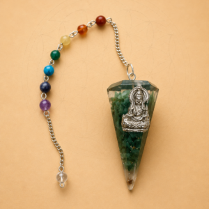 Orgonite Buddha pendulum with chakra bead chain for Reiki, dowsing and meditation
