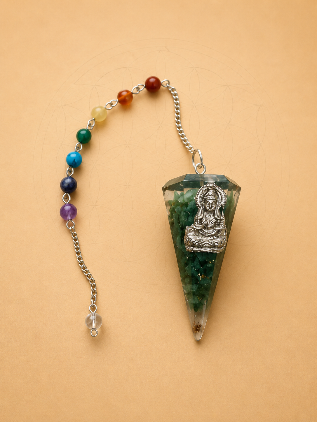 Orgonite Buddha pendulum with chakra bead chain for Reiki, dowsing and meditation