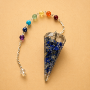 Orgonite Lapis Lazuli chakra pendulum with colourful chakra bead chain for Reiki, dowsing and meditation