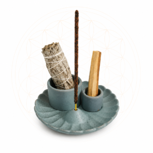 Blue ceramic lotus flower holder for Palo Santo, White Sage smudge bundles, incense sticks and incense cones.