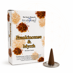 Stamford Premium Frankincense & Myrrh Incense Cones with metal holder.