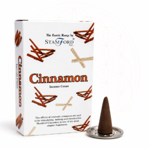 Stamford Premium Cinnamon Incense Cones with metal holder.