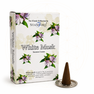 Stamford Premium White Musk Incense Cones with metal holder.